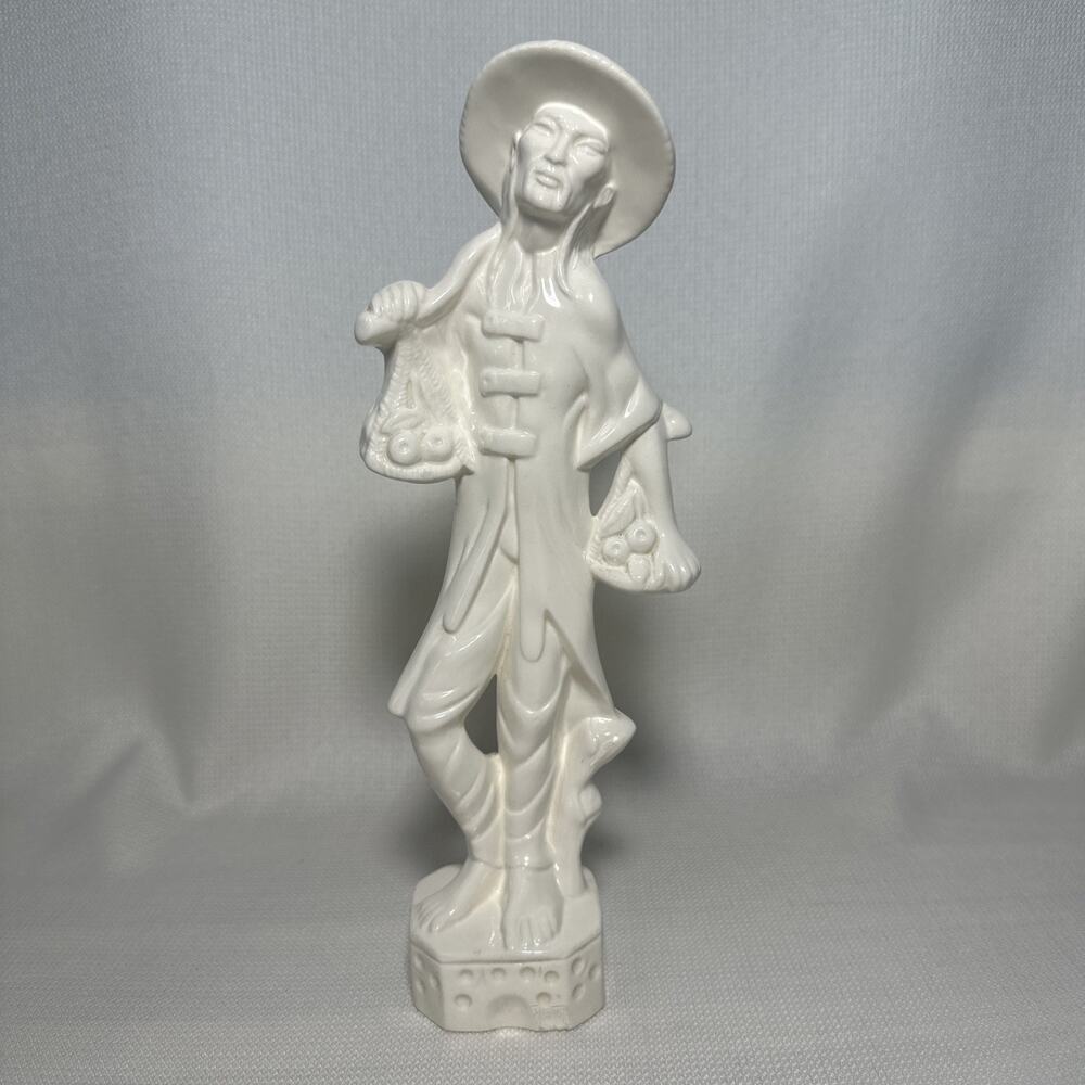 Vintage Asian Old Fisherman Folk Glossy White Ceramic Used